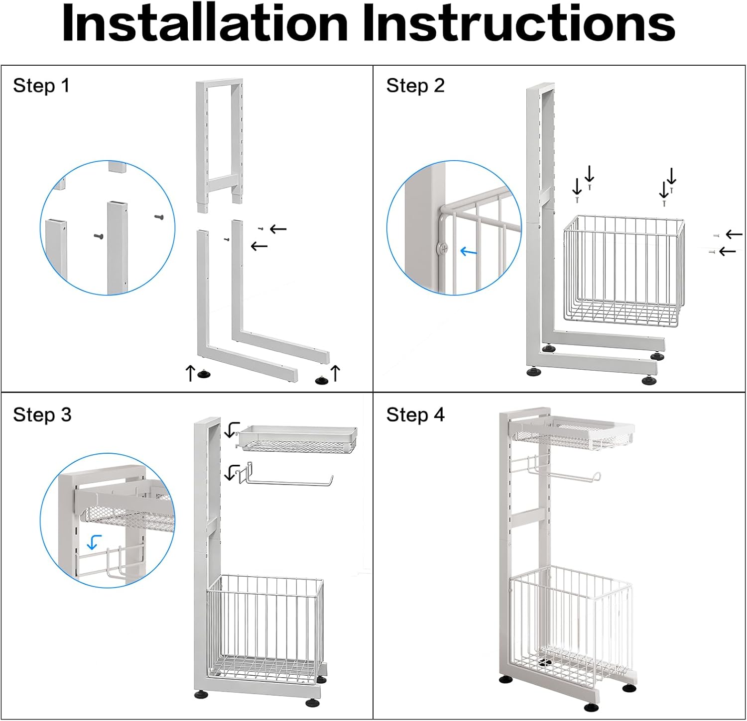 Toilet Paper Holder Stand with Storage Shelf - Multi Tier Metal Toilet Paper Stand with Large Basket for Tissue Rolls, Wipes, Magazines, Sturdy Standing Organizer for Bathroom, Toilet (White)
