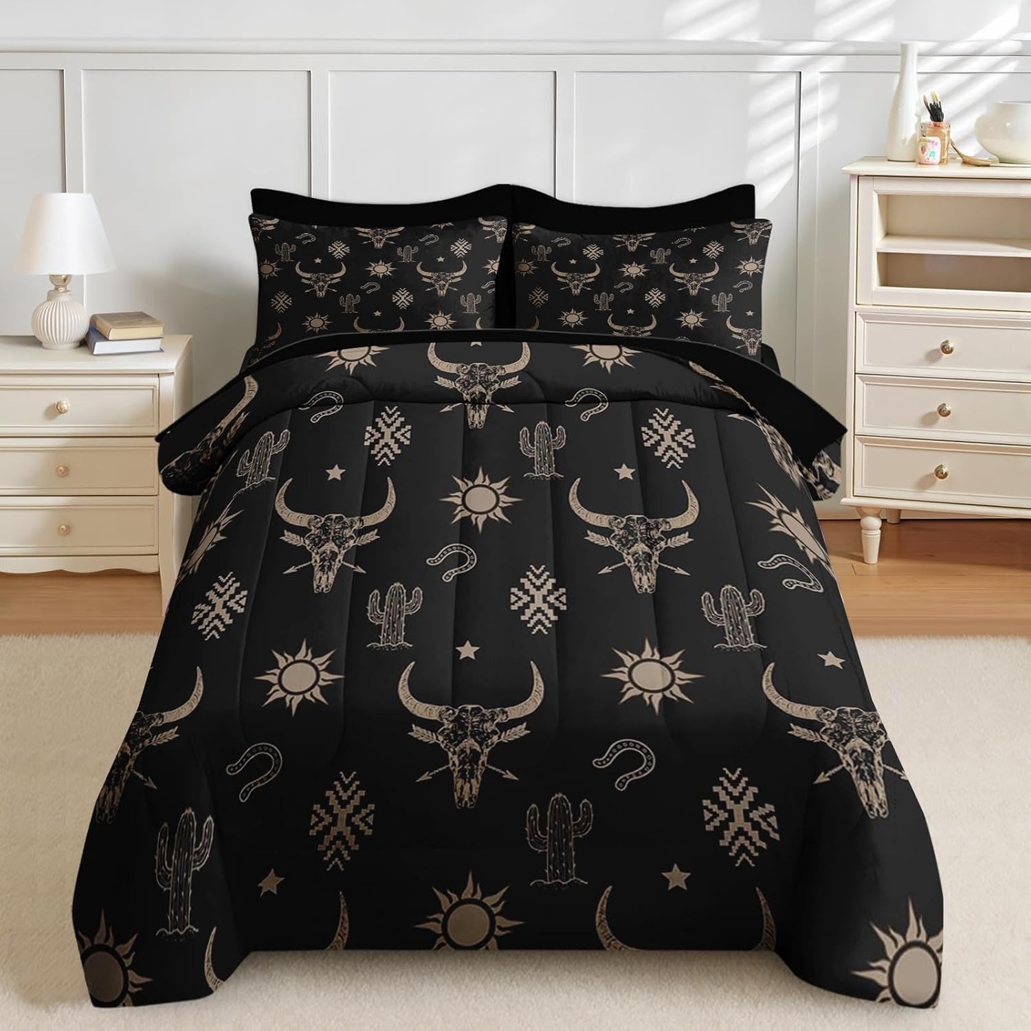 Nesker 7 Pcs Comforter Set Queen Size, Western Cow Skull Bedding Set for Kids and Adults, Tropical Western Cactus Bed Sheet Sets with Fitted Sheet 2 Pillowcases & 2 Shams