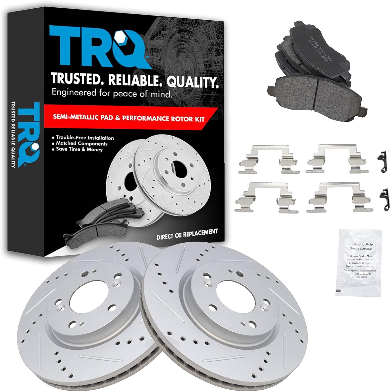 TRQ Front Brake Pad & Rotor Kit Semi-Metallic Premium G-Coated Slotted X Drilled Compatible with 07-14 Chrysler Dodge 07-17 Jeep 04-21 Mitsubishi