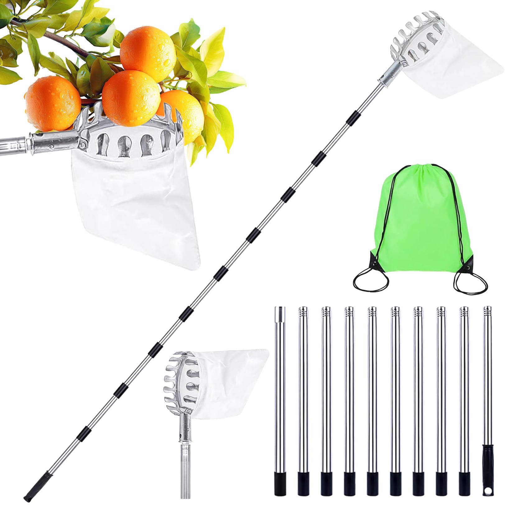 Idota 4,65m Obstpflücker mit Teleskopstiel, Ø 16cm Apfelpflücker mit Teleskopstiel Edelstahl Kirschenpflücker mit Baumwollbeutel Flaumenpflücker mit Sammelbeutel Pflückhilfe für Birnen Citrus Orange