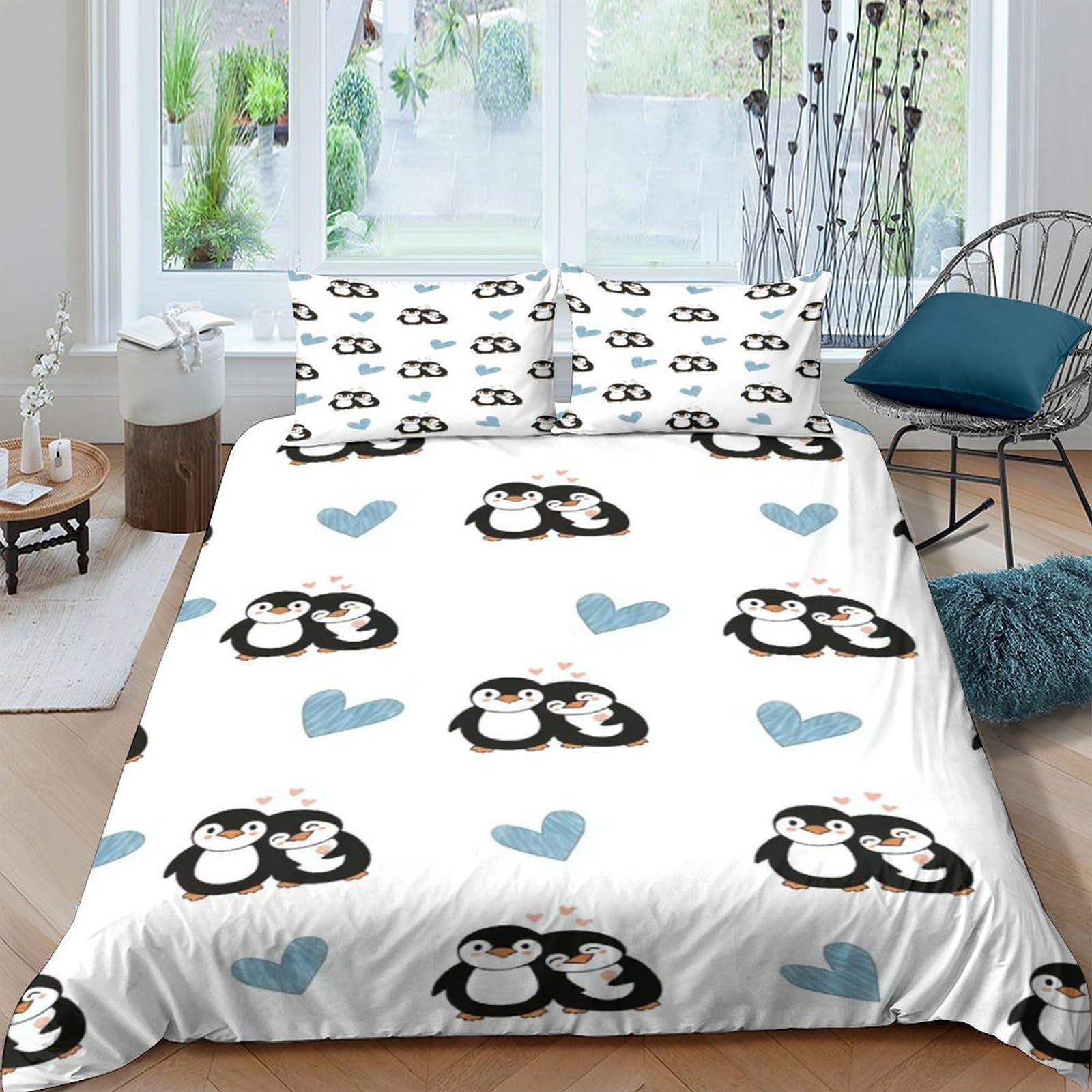 XFKLYNVCJ 3D Printed Penguin couples Duvet Cover Polyester Cartoon cute design Bedding Cover No Iron Stain Resistant Family Home Bedroom Bedding Use Super king（260x220cm）