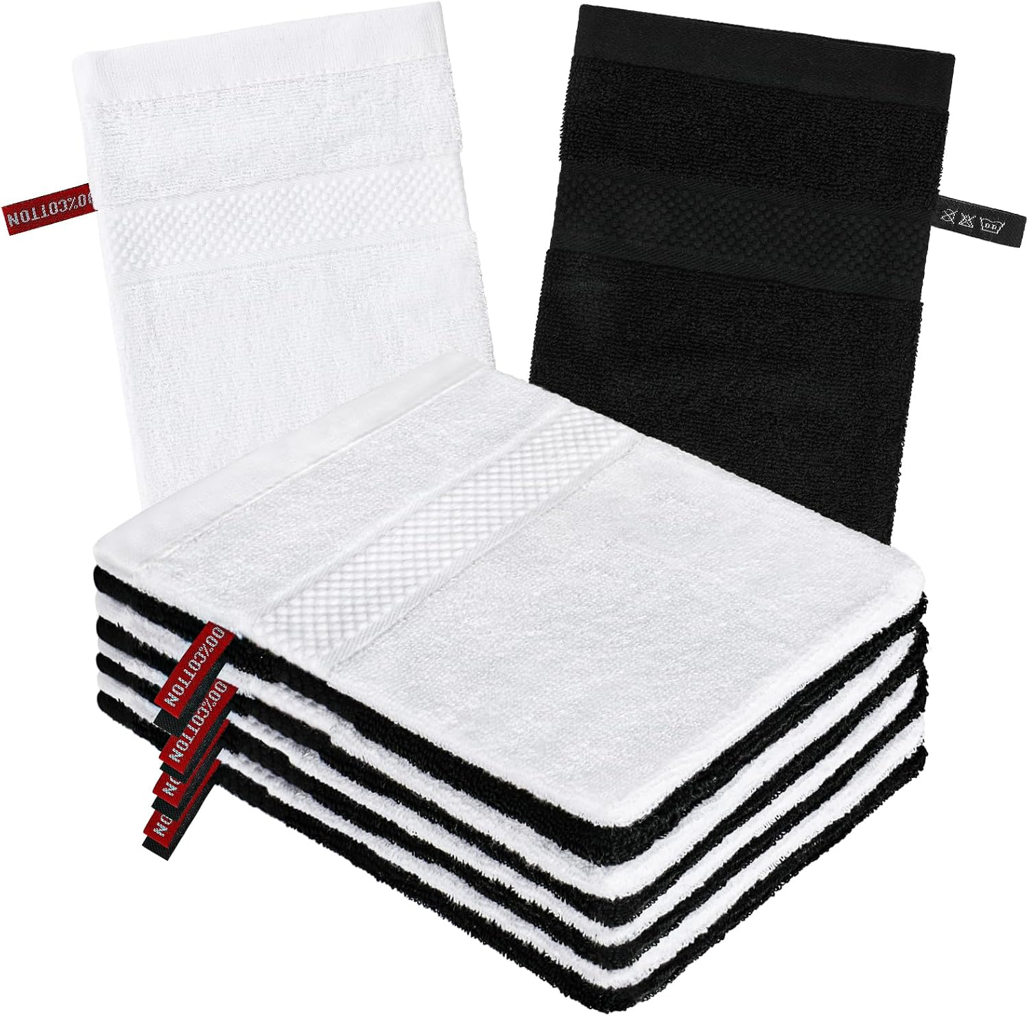 PHOGARY 8 Pack Bath Mitts, 100% Cotton Face Washcloth Mitt Gloves, European Style Wash Cloths with Loop, Soft Cleansing Mitts for Body Showering, 6 x 9 inch, White and Black