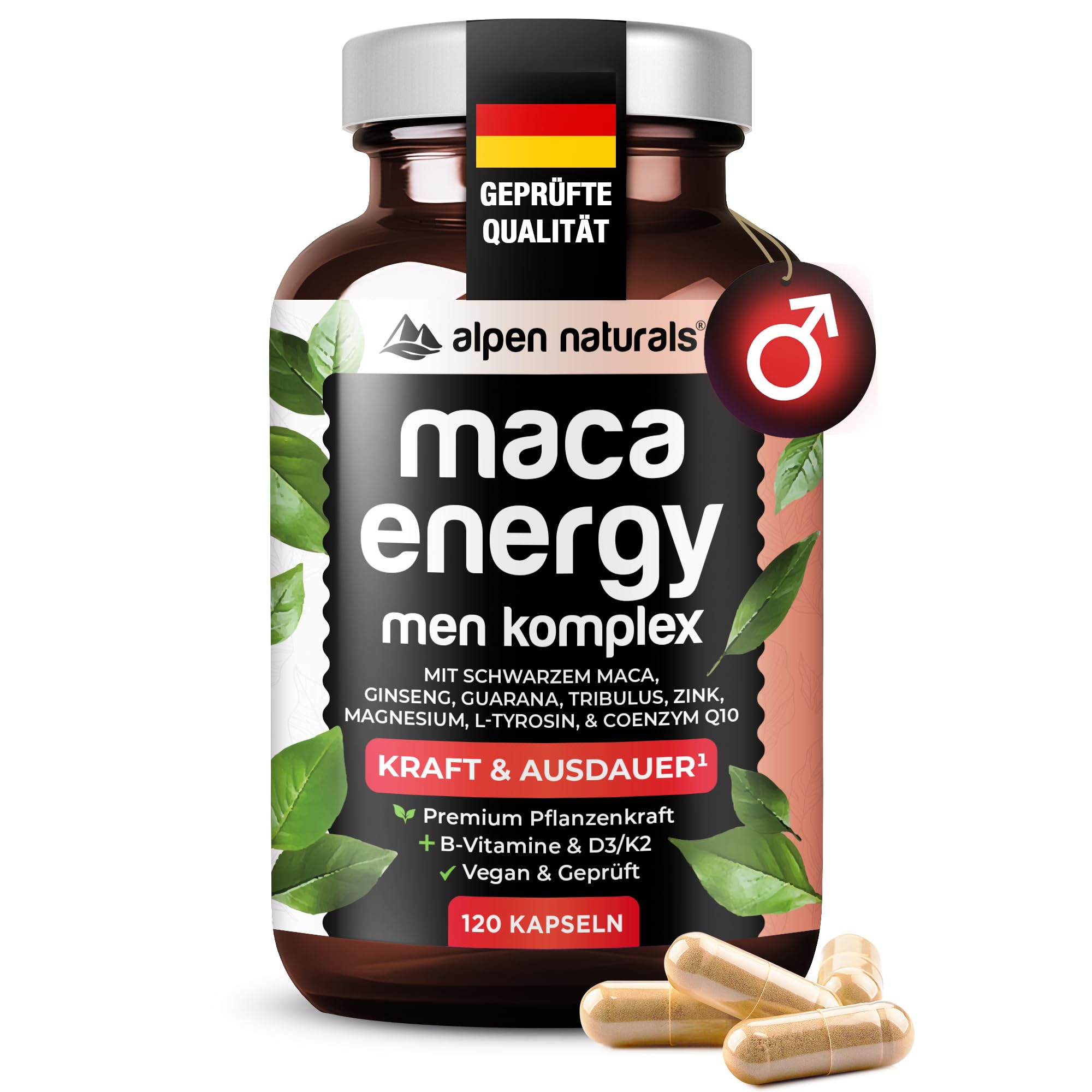 Maca Energy Komplex für Männer – 120 Kapseln mit schwarzem Maca, Ginseng, Guarana, Tribulus, Zink & Coenzym Q10 – vegan & laborgeprüft – Hergestellt in Germany