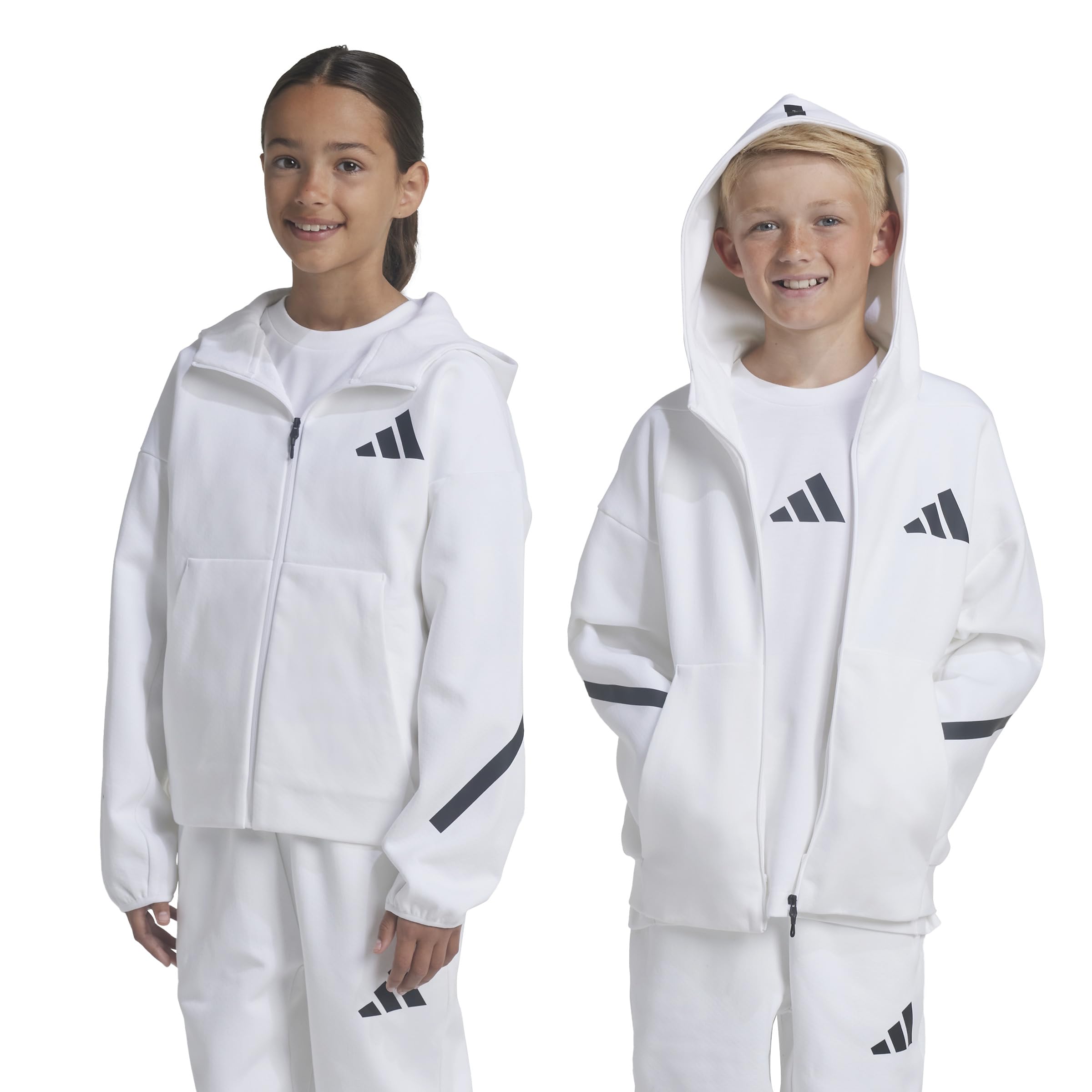 adidas Z.n.e. Felpa con cappuccio e zip intera, per bambini, bianco/nero, L, bianco/nero, L
