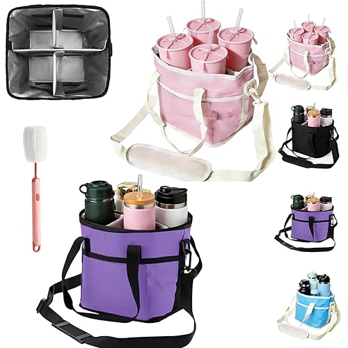 4 Compartment Drink Carrier,Insulated Drink Caddy with Adjustable Strap, No-Spill