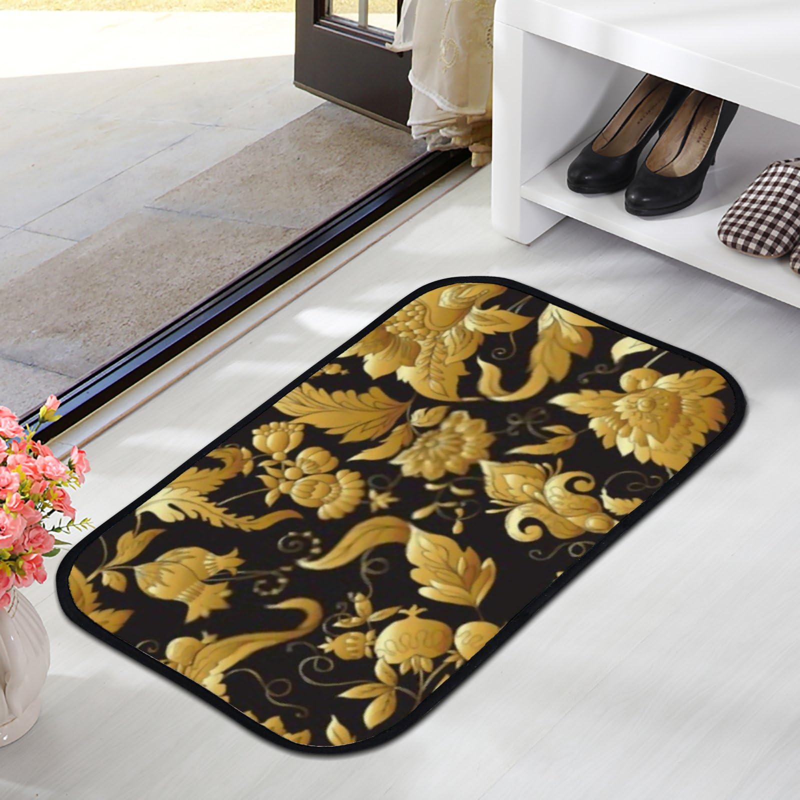 Nuansexi Bathroom Rugs Stylized Flowers Retro Style Gold Black Floor Mats Non Slip Bathmat Doormat Tub Mat Coral Velvet Absorbent Entrance Carpet Mats Machine Washable Bedroom Decor