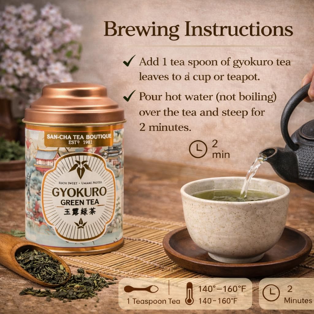Sancha Tea Boutique, thé vert Gyokuro, thé vert japonais de haute qualité, notes umami riches et sucrées, rosée joyau et feuilles japonaises de qualité supérieure, 50 g de feuilles en vrac