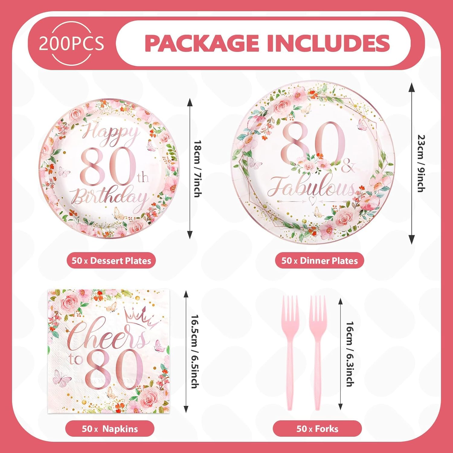 200Pcs 80th Birthday Decorations for Women Floral 80th Birthday Party Plates and Napkins Disposable Rose Gold 80 Fabulous Tableware Set for Women 80 Years Old Party Supplies Serves 50