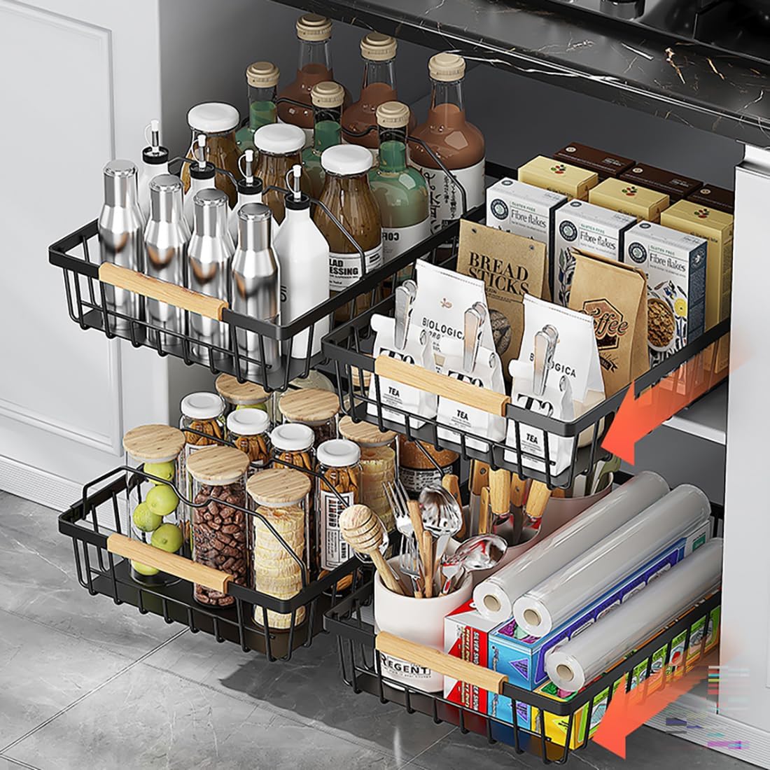 2 Pack No Drill Pull Out Cabinet Organizer, Premium Carbon Steel Slide-Out Drawer with strong nano adhesive, Under Cabinet Storage Shelf for Kitchen, Pantry, Bathroom, Black