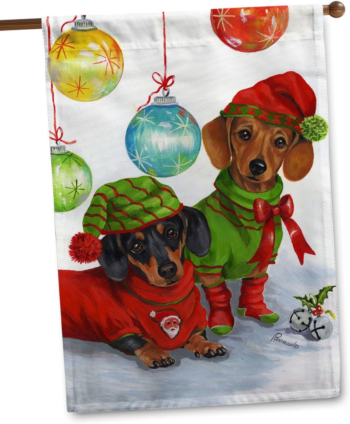 Flagology, Dachshund Jingles Dog Christmas House Flag 28" x 40", Outdoor Winter Holiday Yard Decor, Dachshund, Xmas Doxie, Precious Pets Paintings