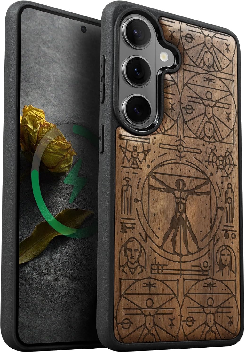 Carveit Magnetic Wooden Case for Galaxy S26+ Samsung S26 Plus Case, TPU Shockproof Cover & Wood Engraved, Compatible with MagSafe Wireless Chargers (Vitruvian Man) Blackwood