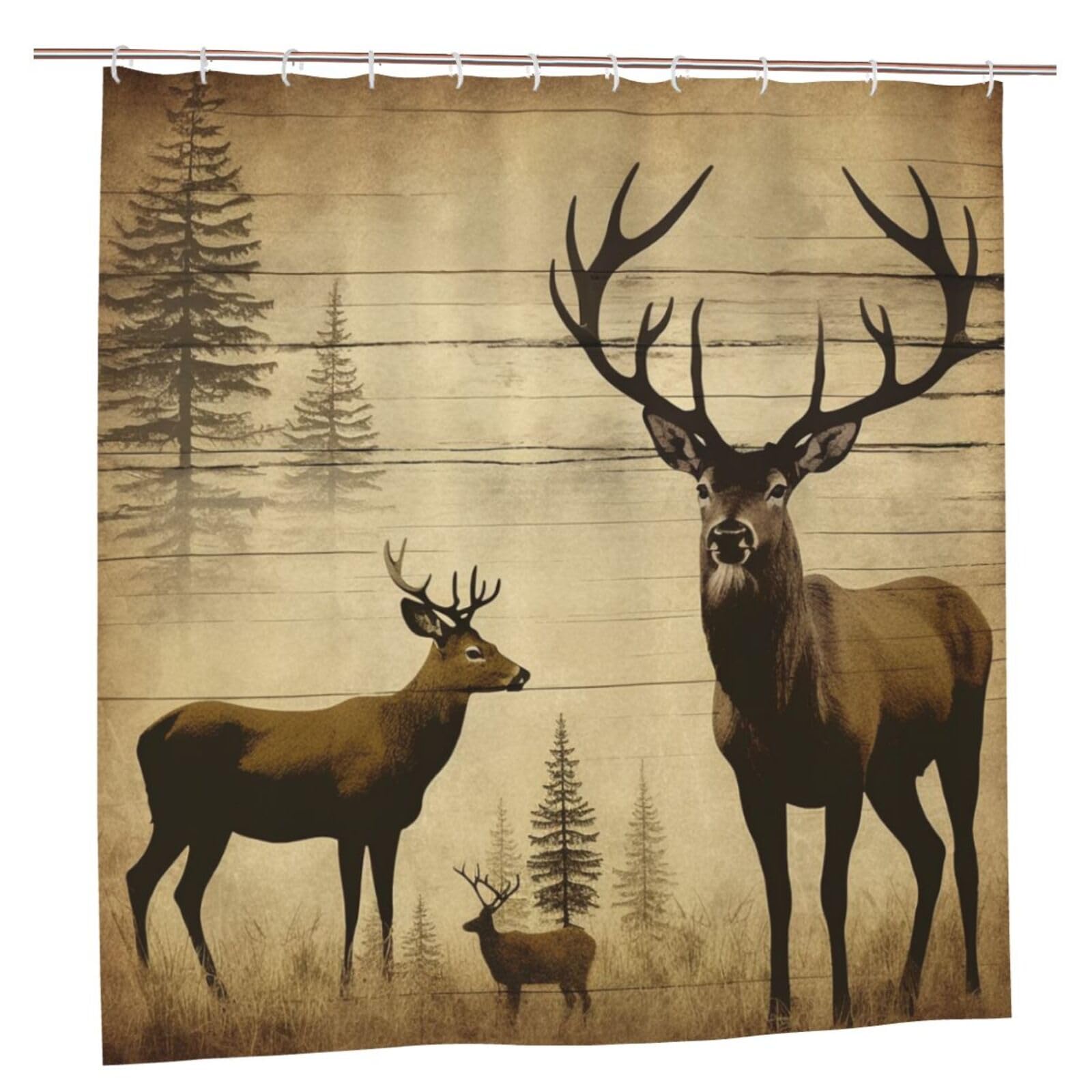BWWHCCTI Rustic Deer Printed Shower Curtain With 12 Plastic Hooks Opaque Quick Drying Waterproof Shower Curtains Sets For Bathroom 183x183 CM