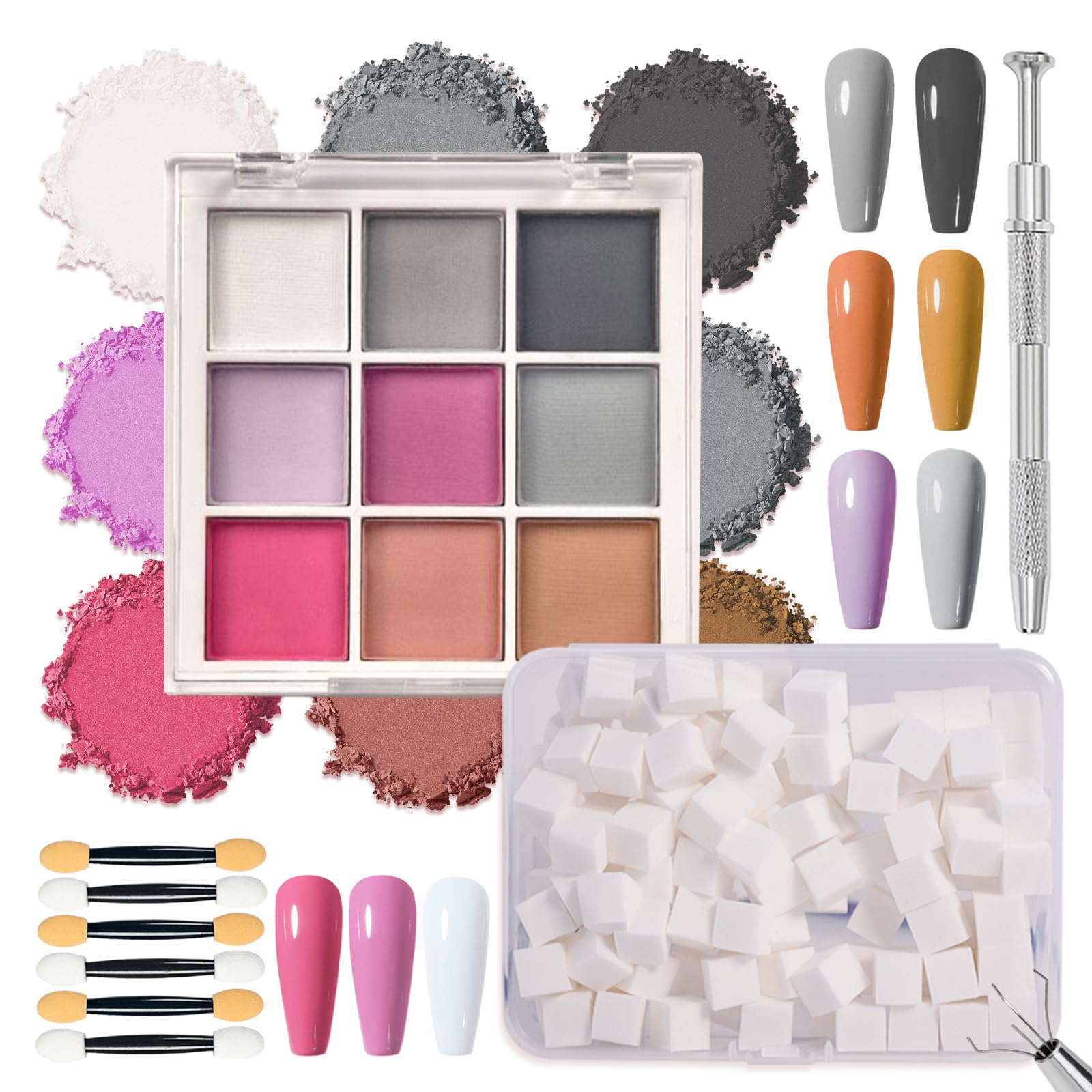 9 Colors Pigment Powder for Nails, Ombre Aura Nail Pigment Powder Palette Set and Nail Art Sponges with Grabbing Pen, Pigmentos para Uñas, A