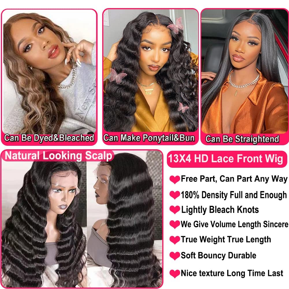 JIETAI 13x4 Loose Deep Wave Curly Lace Front Wig Pre Plucked with Baby Hair 180% Density Curly Human Hair Wigs 10A Wigs for Black Women Glueless Wig (28inch, Natural Color)