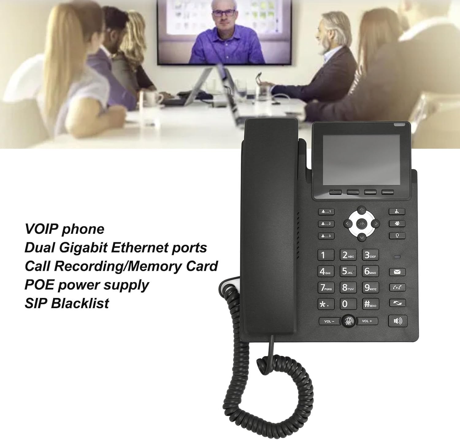 Airshi Landline Phone with text overlay listing features like VOIP, Dual Gigabit Ethernet, Call Recording, POE, and SIP Blacklist.
