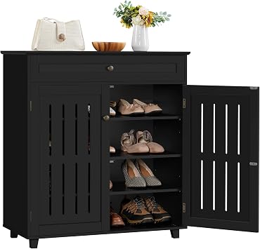Topeakmart Shoe Cabinet with Doors, 4-Tier Entryway Shoe Storage Cabinet with Adjustable Shelves, Wooden Shoe Rack Organizer for Hallway, Closet, Black