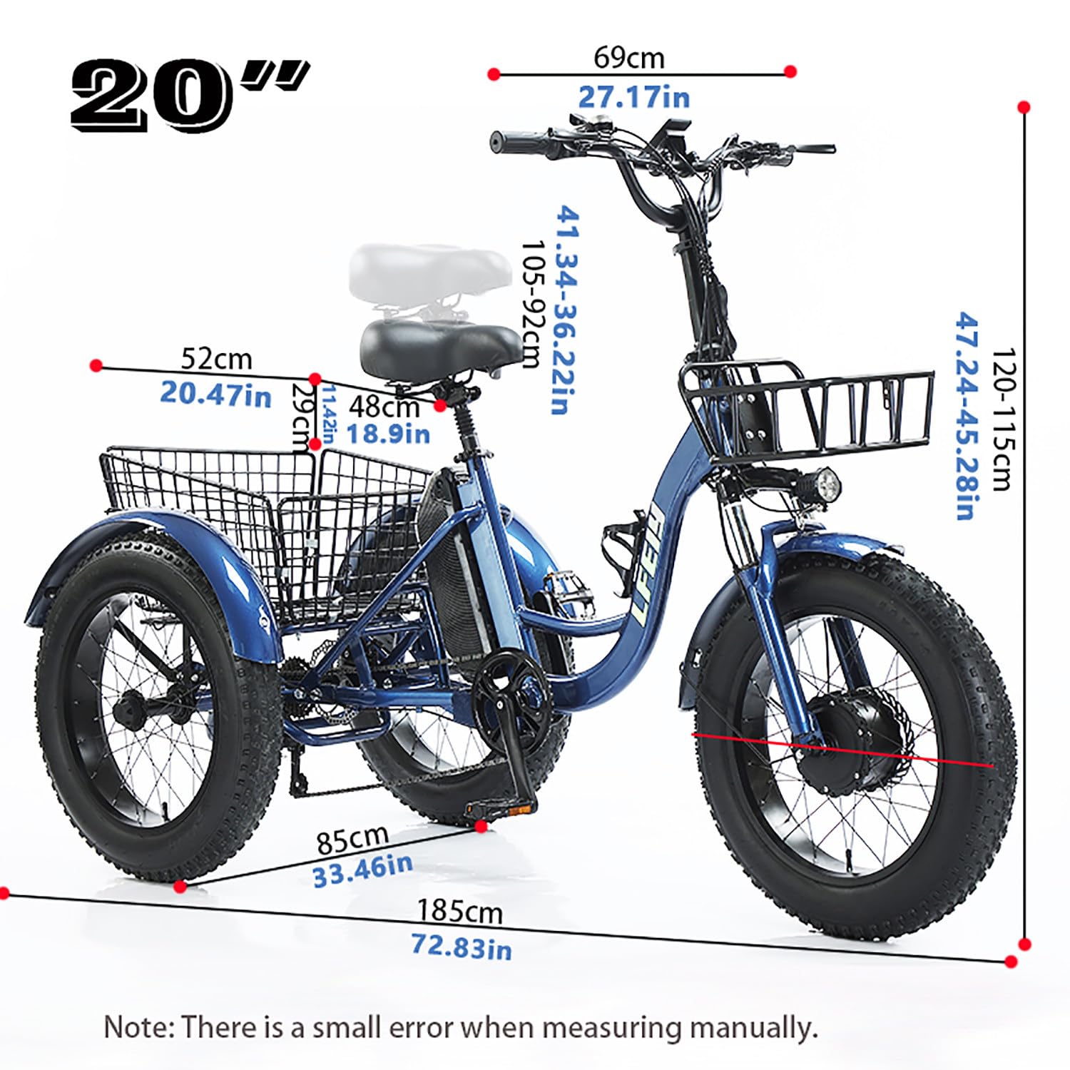 Triciclo Elettrico Adulti 20"x4.0" Fat Tire – 500W Motore, Batteria Rimovibile 48V 13Ah, Sospensioni, Luce LED, Grande Cestino Posteriore, Ideale per Tutti i Terreni, 30-40 km Blue