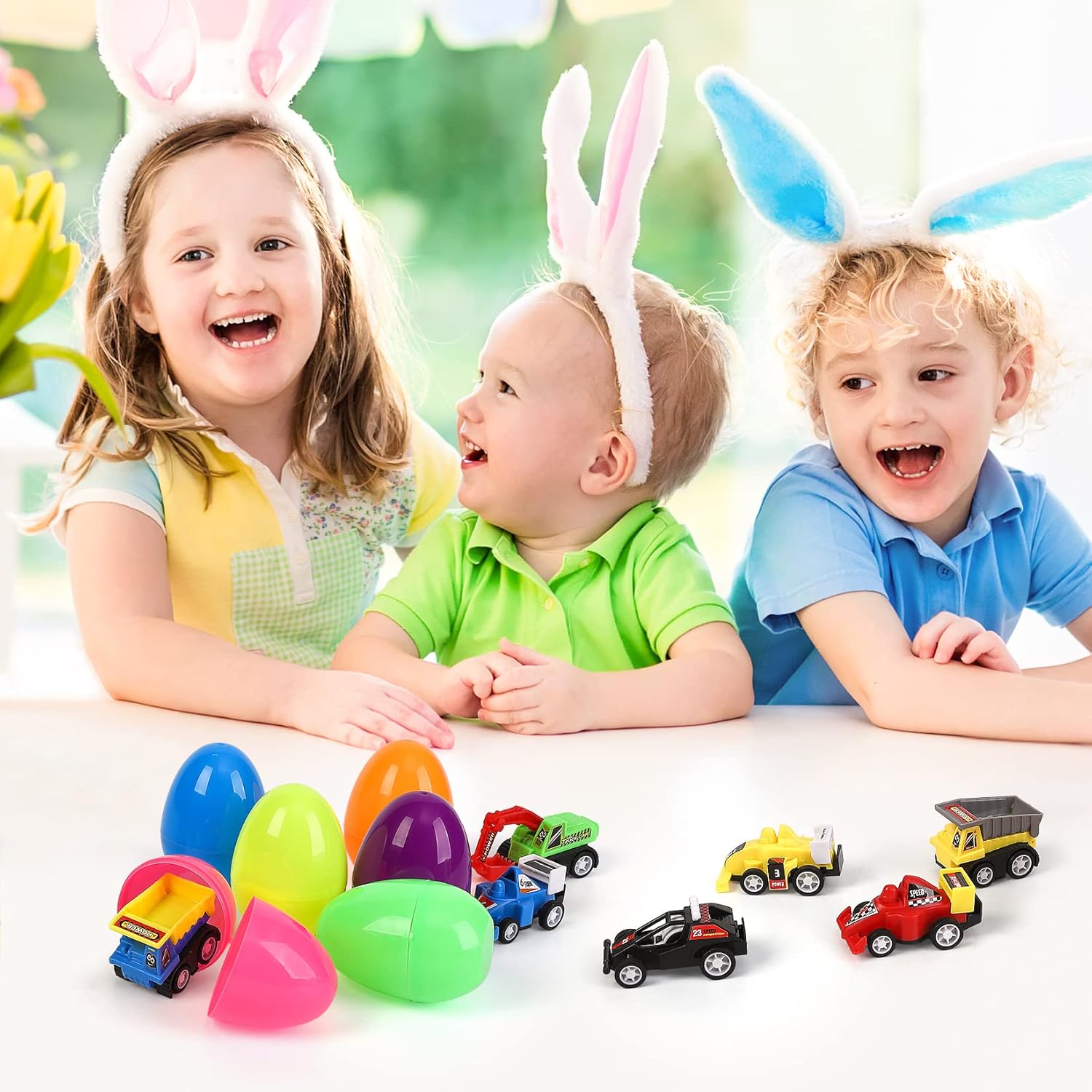 12 Pcs Easter Eggs Prefilled with Pull Back Cars for 3-6 Year Old Boys, Pull Back Construction Vehicle and Race Car for Easter Party Favors, Easter Basket Stuffers, Easter Egg Fillers,Easter Eggs Hunt