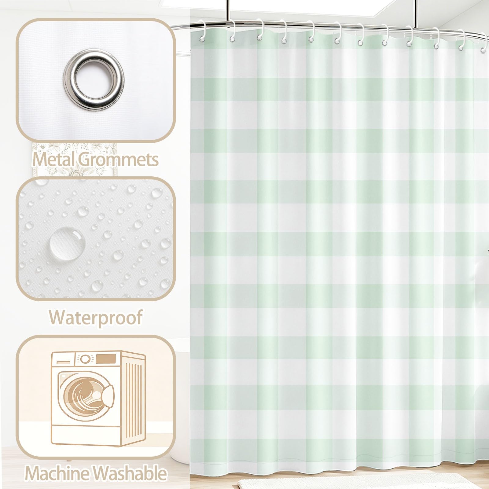 Rideau de Douche Moderne Minimaliste en Polyester imperméable et Lavable avec Crochets, 240 x 200 cm, Rideau de Salle de Bain Carreaux Campagne Carrés Vert Blanc Frais pour Salle de Bain