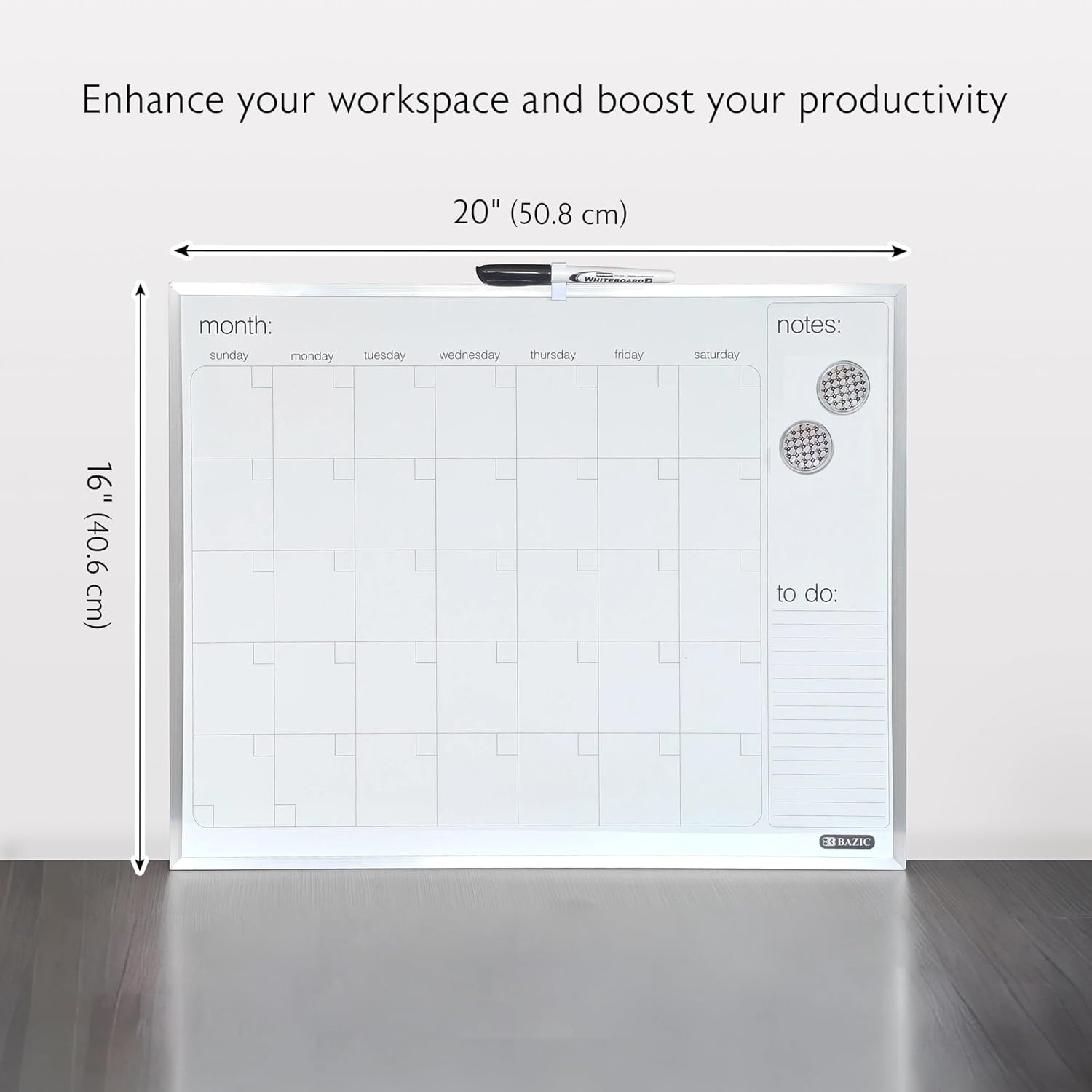 BAZIC Products Magnetic Dry Erase Calendar Board, Aluminum Frame with Marker & Magnets, Monthly Calendar Whiteboard, Planner Board for Scheduling & Organization, Home & Office Use, 16"x20", 1-Pack