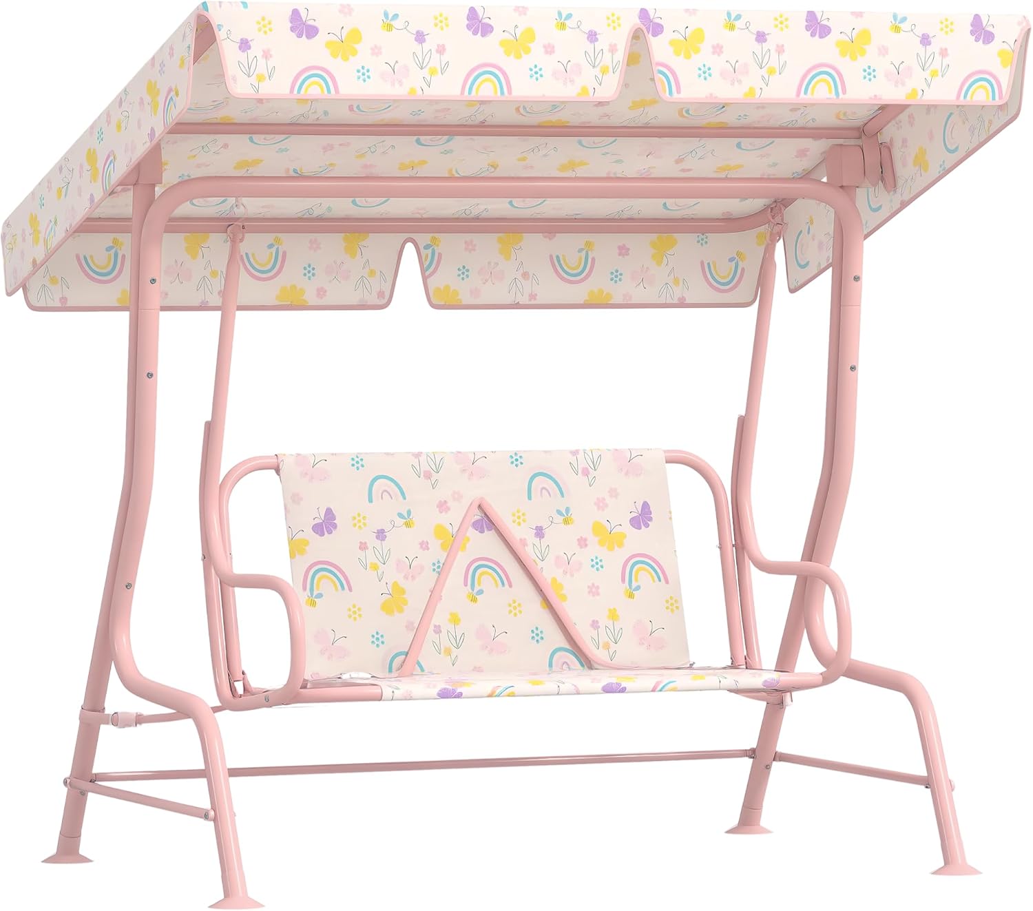 Qaba Kids Patio Swing, 2-Seater Outdoor Porch Swing Chair with Adjustable Canopy, Safety Belt, Rainbow Pattern Hanging Swing Bench for Garden, Backyard, Pink