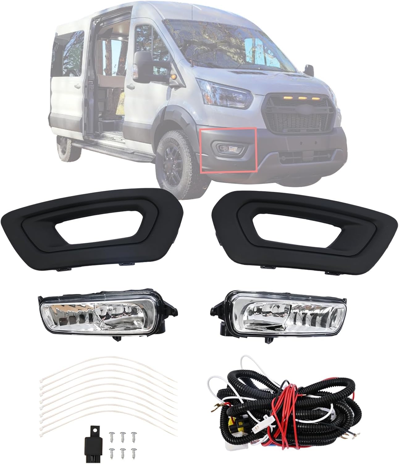 Left & Right Fog Lights W/Bezels Wiring Kit Fit for Ford Transit│E-Transit 2020 2021 2022 2023 2024 F1EZ15200A F1EZ15201A Bumper Driving Fog Lamp Covers Accessories│Clear Lens