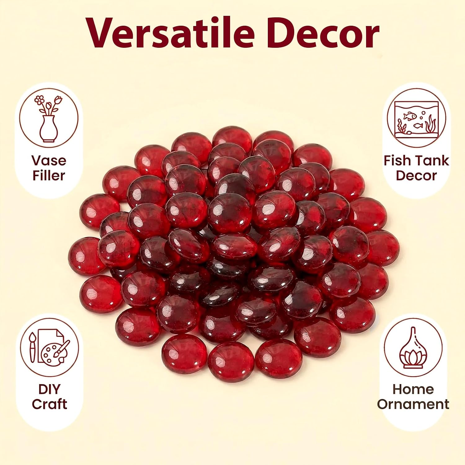 68Pcs Red Flat Glass Gems Vase Fillers Wedding Centerpiece | Red flat glass pebbles, 68pcs for vase, aquarium, terrarium, wedding centerpiece & home decor. Reusable, smooth