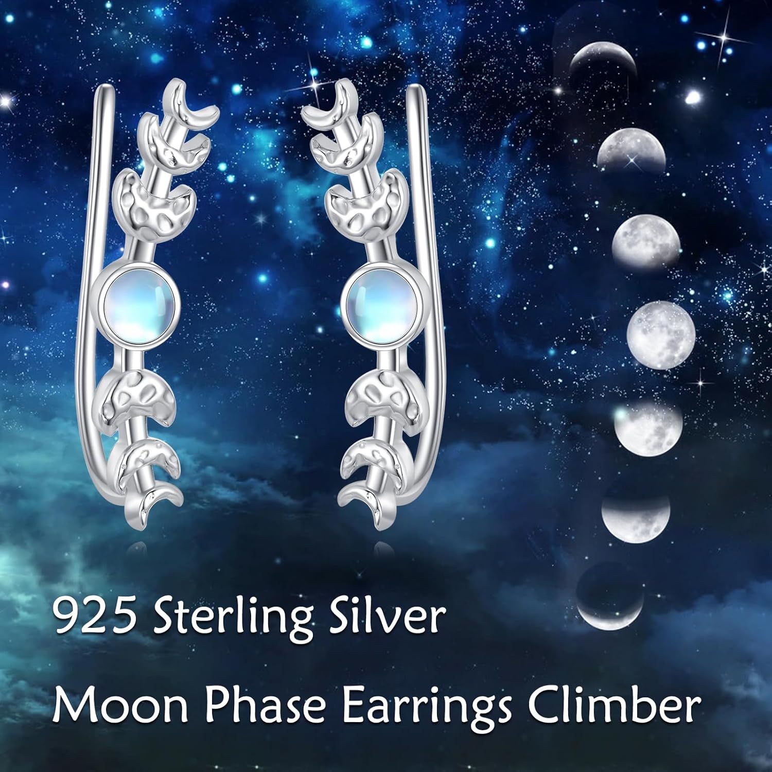 Moon Phase Earrings Climber 925 Sterling Silver Ear Cuff No Piercing Moonstone Earrings Gifts for Women - Image 5