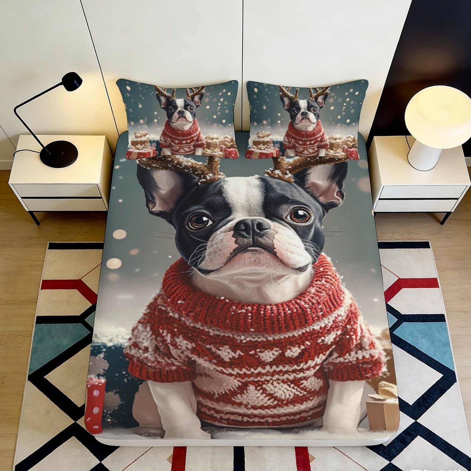 3D Printed French Bulldog Fitted Sheet Microfiber Red Sweater Dog Mattress Cover for Bedroom Guest Room Dorm Decor 90x200x25cm