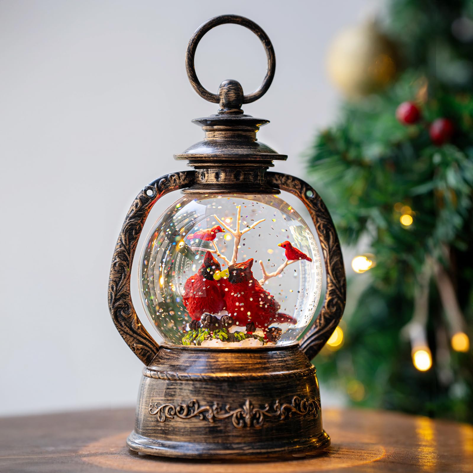 Fitzula's Gift Shop: Ganz Luxury Lite LED Double Cardinal Glass Ornament -  on Pinecones, image size:1600x1600