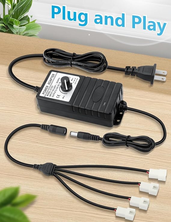Wathai 2 Pin PC Fan Controller with Splitter 36W 12V Adjustable Power Supply with 4 Port Speed Control, 4-12V DC Adapter for Computer Cooling Fans 100-240V AC, 3A 2 Pin Compatible