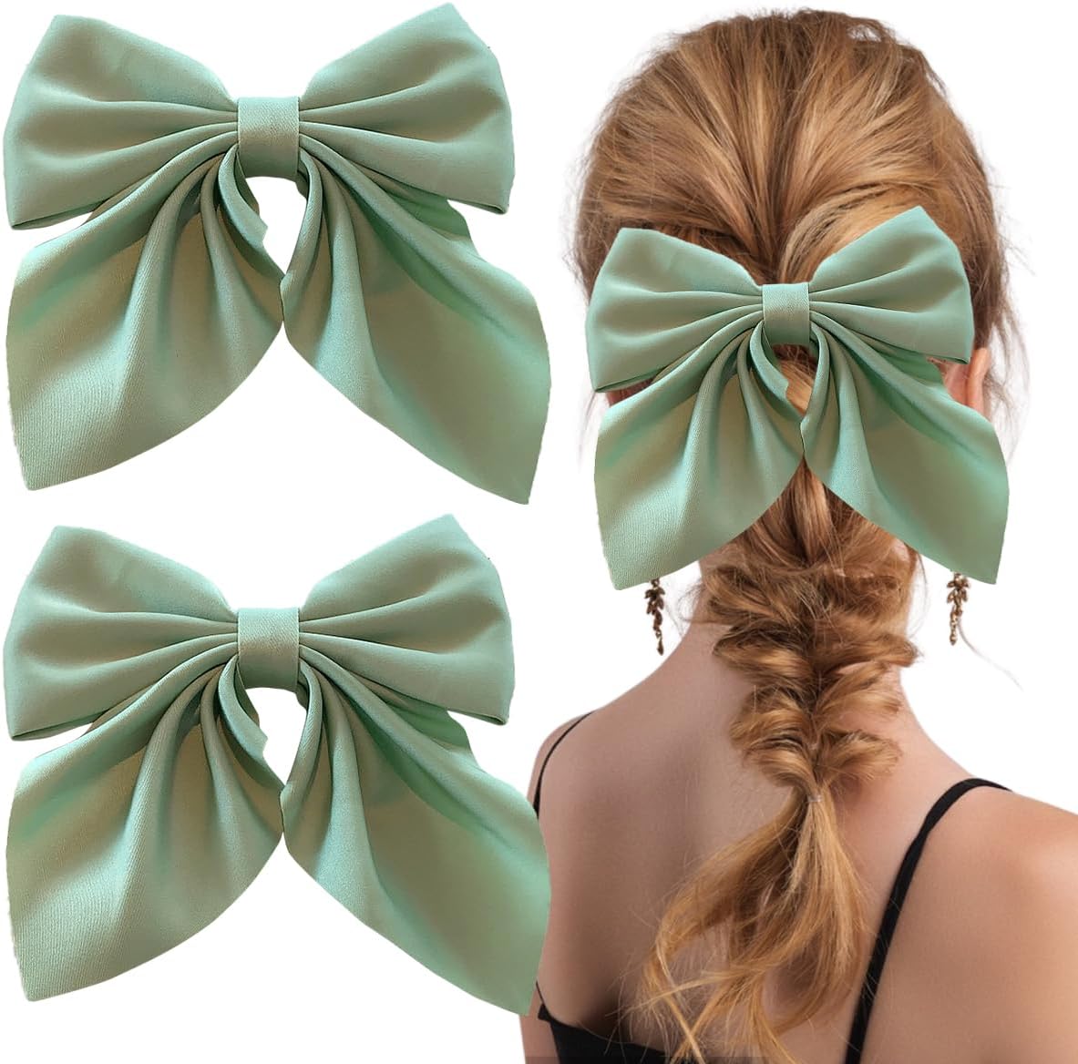 CIVFCRT Large Bow Hair Clips for Women - Solid Color Bow Metal Clips French Barrette Short Tail Bow Vintage 90's Satin Hairclips Hair Decoration Accessories 2Pcs Light Green