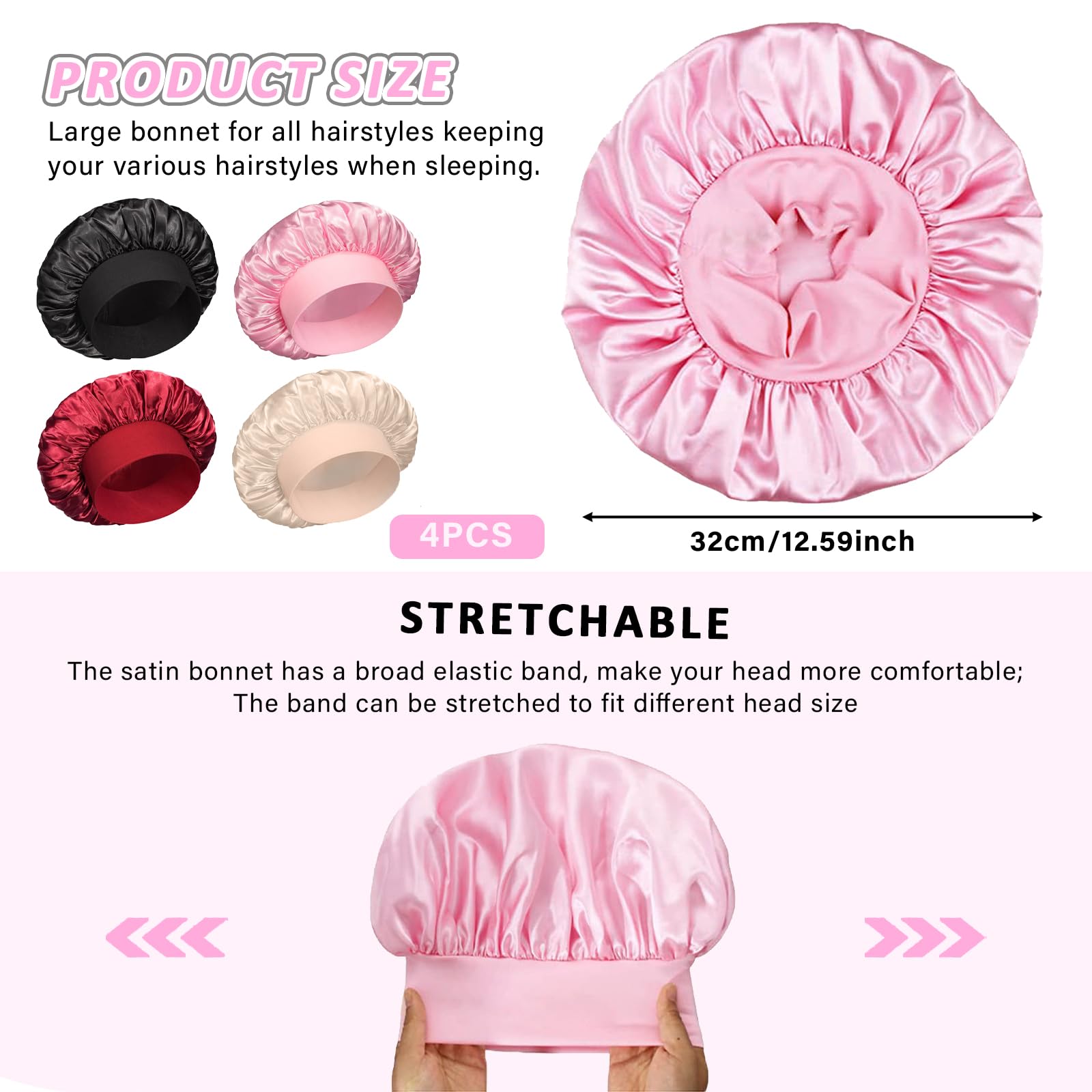 4Pcs Satin Bonnet, Hair Bonnet for Sleeping Silk Hair Hat, Night Hair Sleeping Caps with Wide Elastic Band - Image 3