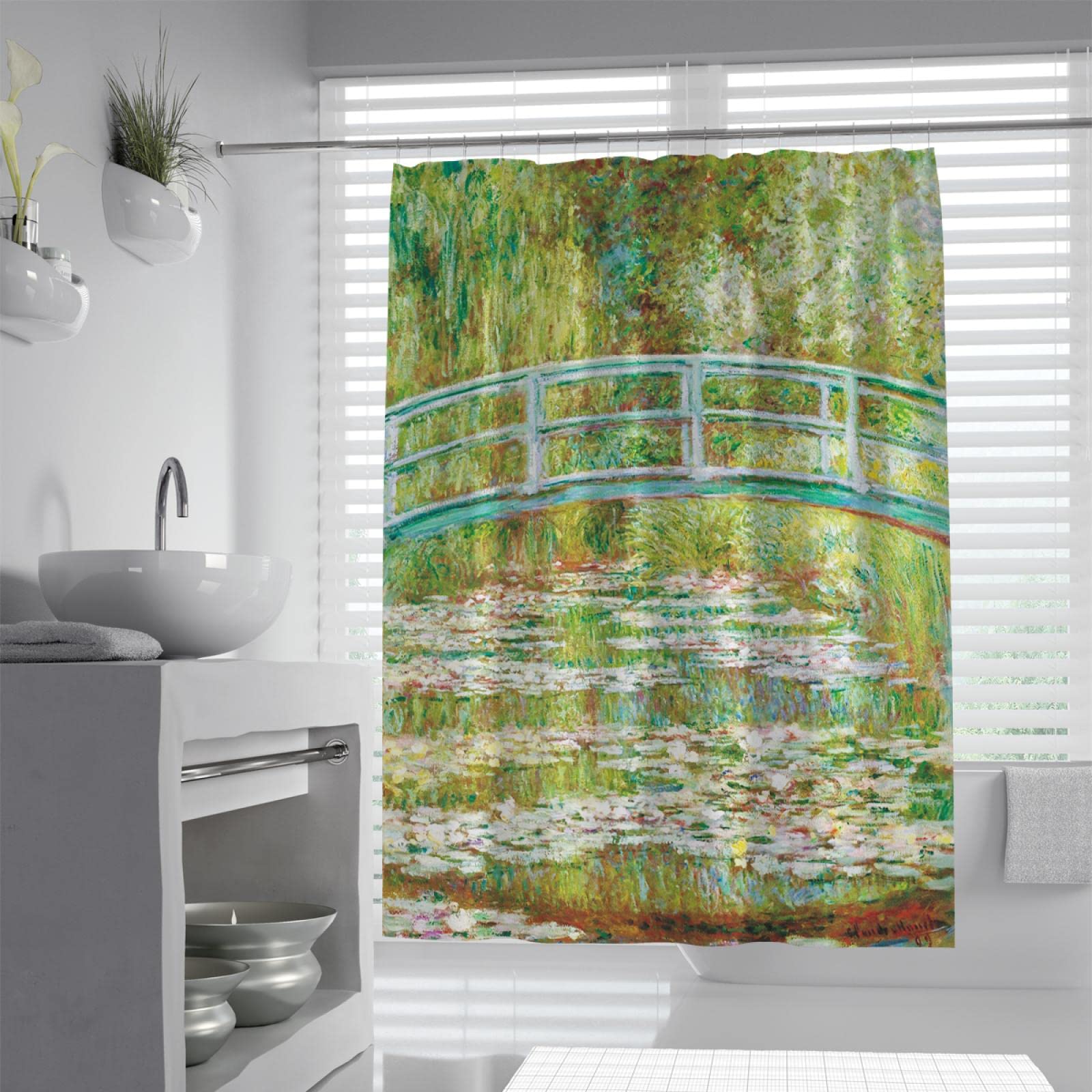 Pont et Lotus Rideau de Douche Imprimer Rideaux de Salle de Bain décoratifs Célèbres Rideaux de Douche de Peinture Liner inclure des Crochets W200xL200 (cm)