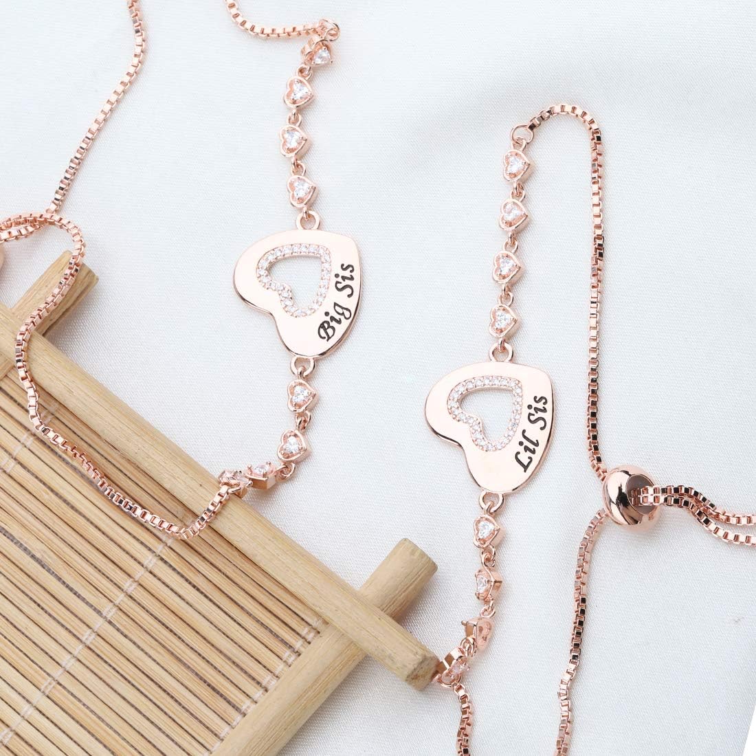 CHOORO Big Mid Lil Sister Copper Bracelet Set for 3 Sister Jewelry Heart Rhinestone Pendant Bracelet Best Friend Gift