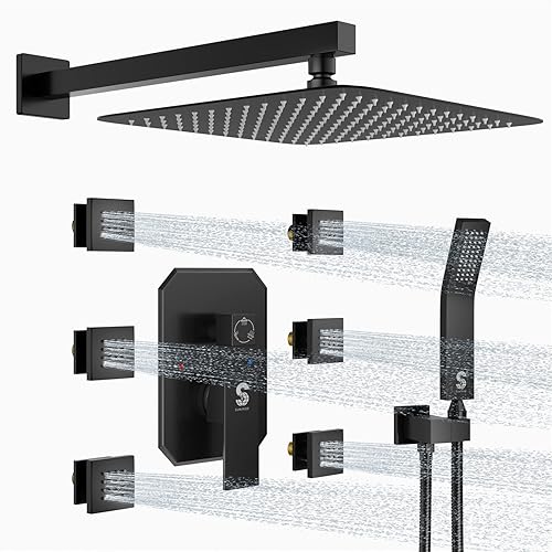 Sistema de ducha de masaje de cintura con 6 chorros corporales, sistema de ducha de lluvia de 12 pulgadas con chorros y juego de grifo de ducha de