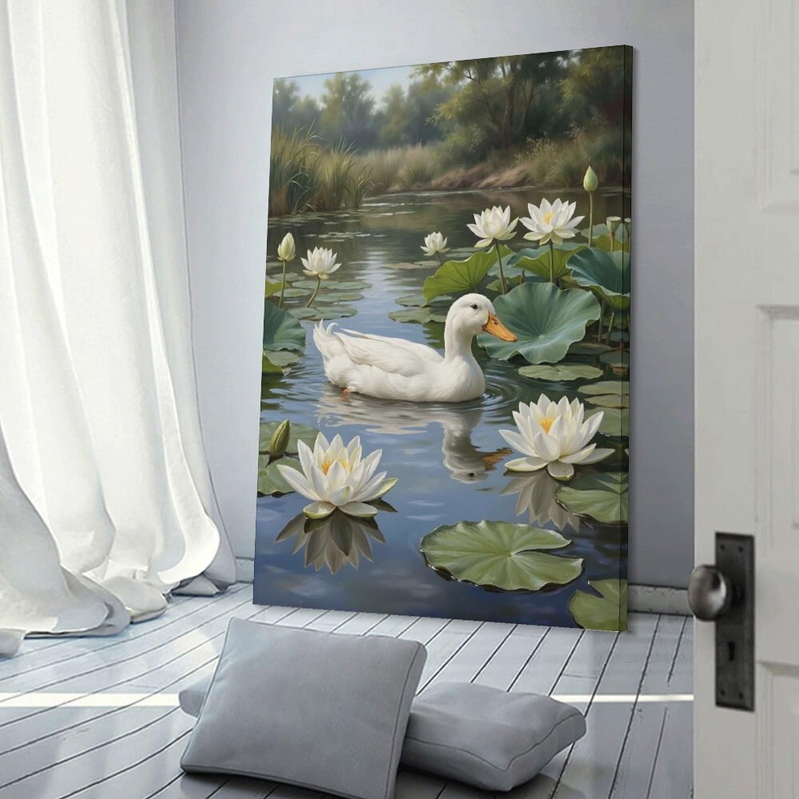 Junmoney Hanging Wall Art Duck And Water Lilies in Pond, 24x36inch(60x90cm), for Living Room, Bedroom Or Apartment Walls, Decorative Artwork for Empty Walls