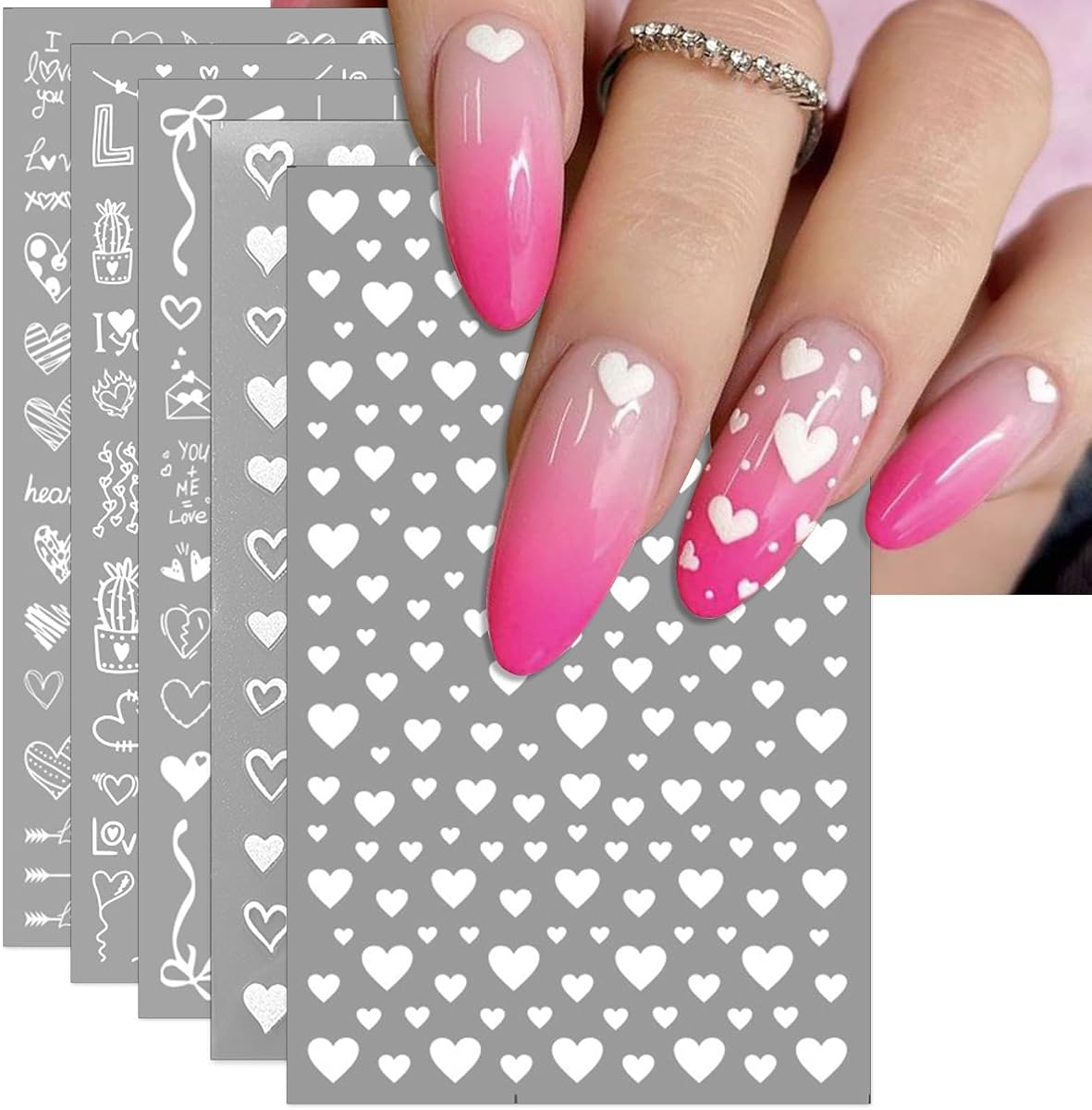 IDDFEVE Pegatinas para decoración de uñas del día de San Valentín – Calcomanías de uñas de corazón blanco sexy, autoadhesivas Kiss Love para decoración de suministros de uñas 3D (5 hojas)