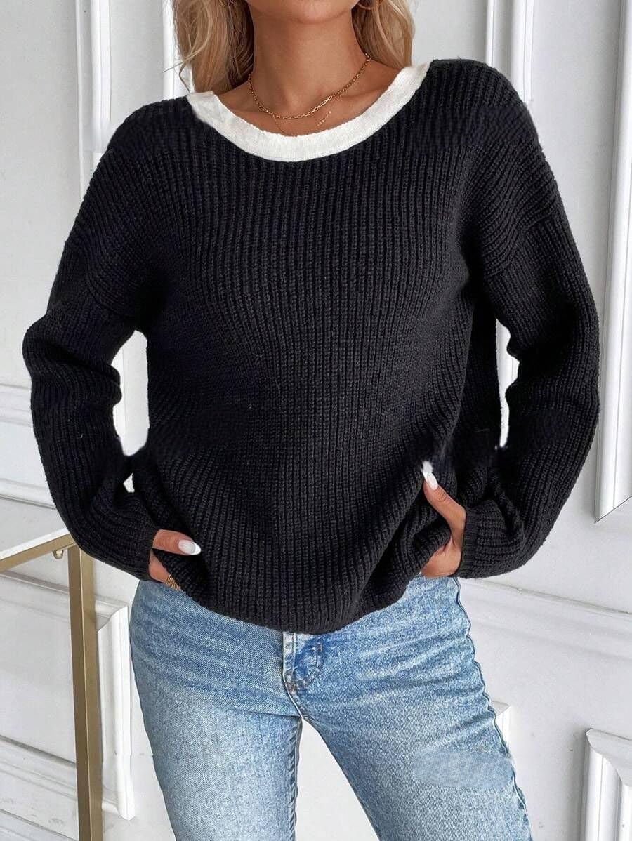 ZAFUL Sweater for Women Backless Bow Knot Decor Color Block Long Sleeves Knit Sweater Pullover - Image 4