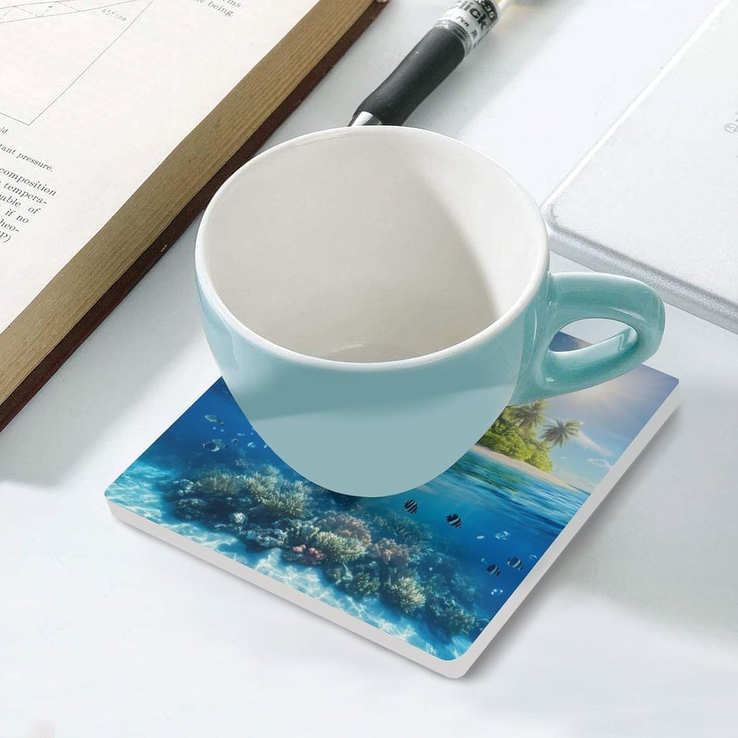 Tropical Island Snorkeling Fish Ceramic Coasters Set Square Drink Coasters Table Coaster for Kitchen Desktop Decor