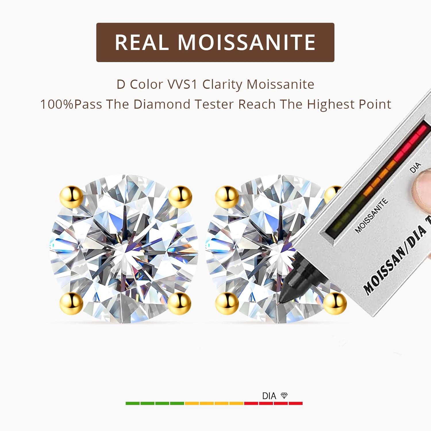 Moissanite Stud Earrings for Women, Hypoallergenic White Gold/14K Gold Plated 925 Sterling Silver Flat Back Studs D Color VVS1 Round Cut Cartilage Helix Piercing Anniversary Jewelry Gifts - Image 4