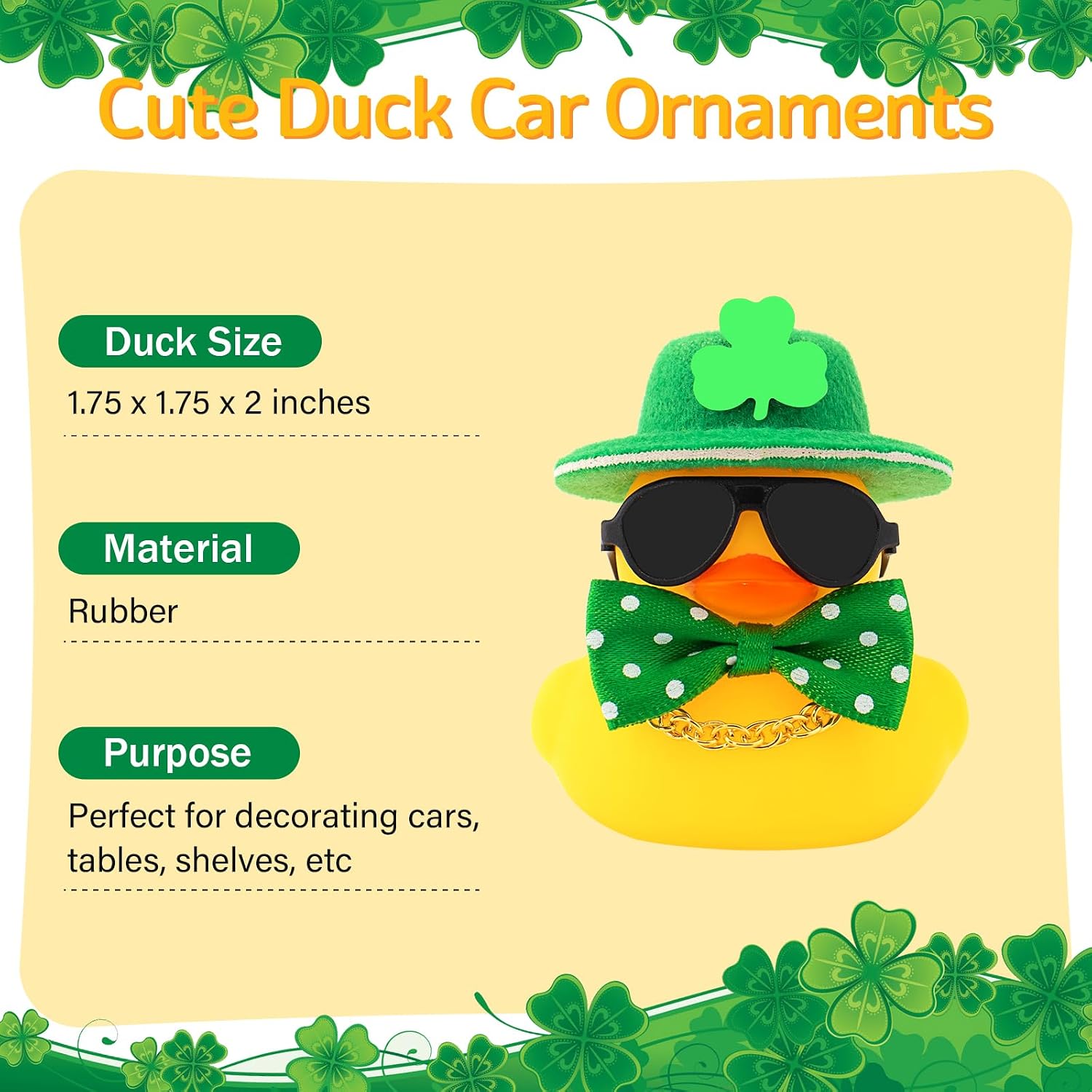 wonuu St. Patrick's Day Car Decorations Rubber Duck, Dashboard Green Shamrocks Hat Ducky for Car Ornament Accessories Ducks with Glasses, Chain (Polka Dot) image 2