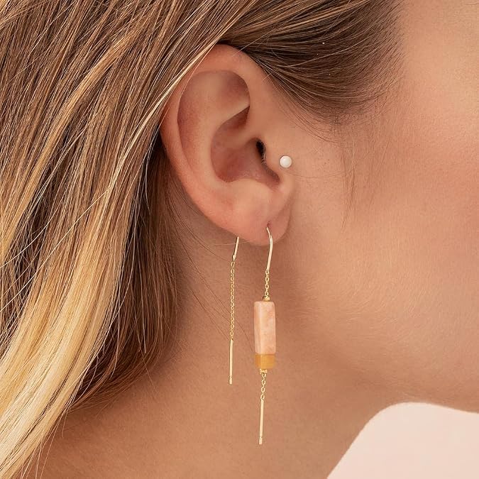 Scout Curated Wears - Rectangle Stone Thread Earring - Rose Quartz/Amber/Gold