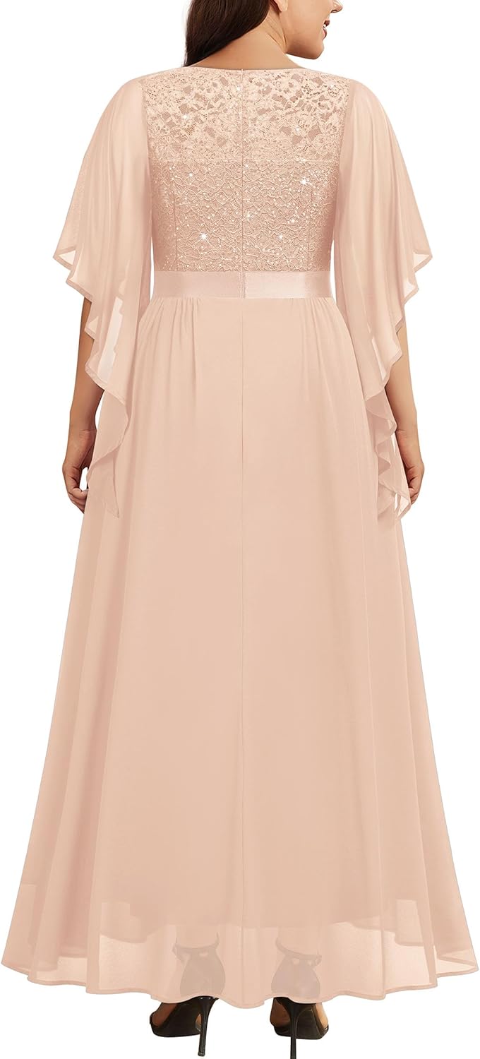 Miusol Women's Plus Size Sequin Lace with Ruffle Cape Cloak Sleeves Elegant Evening Gown Wedding Guest Maxi Dress - Image 2