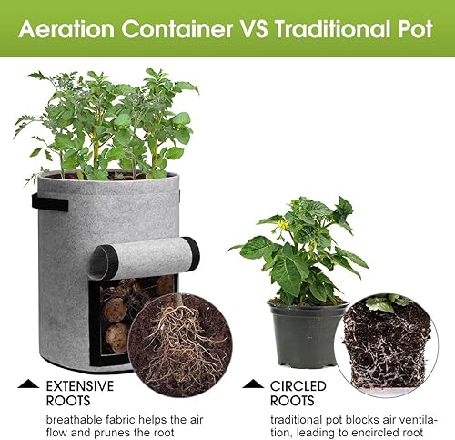 Vista 5 de Bolsas de cultivo de patatas con solapa de 10 galones, paquete de 4 macetas con asas y ventana de cosecha para papa, tomate y verduras, negro y gris