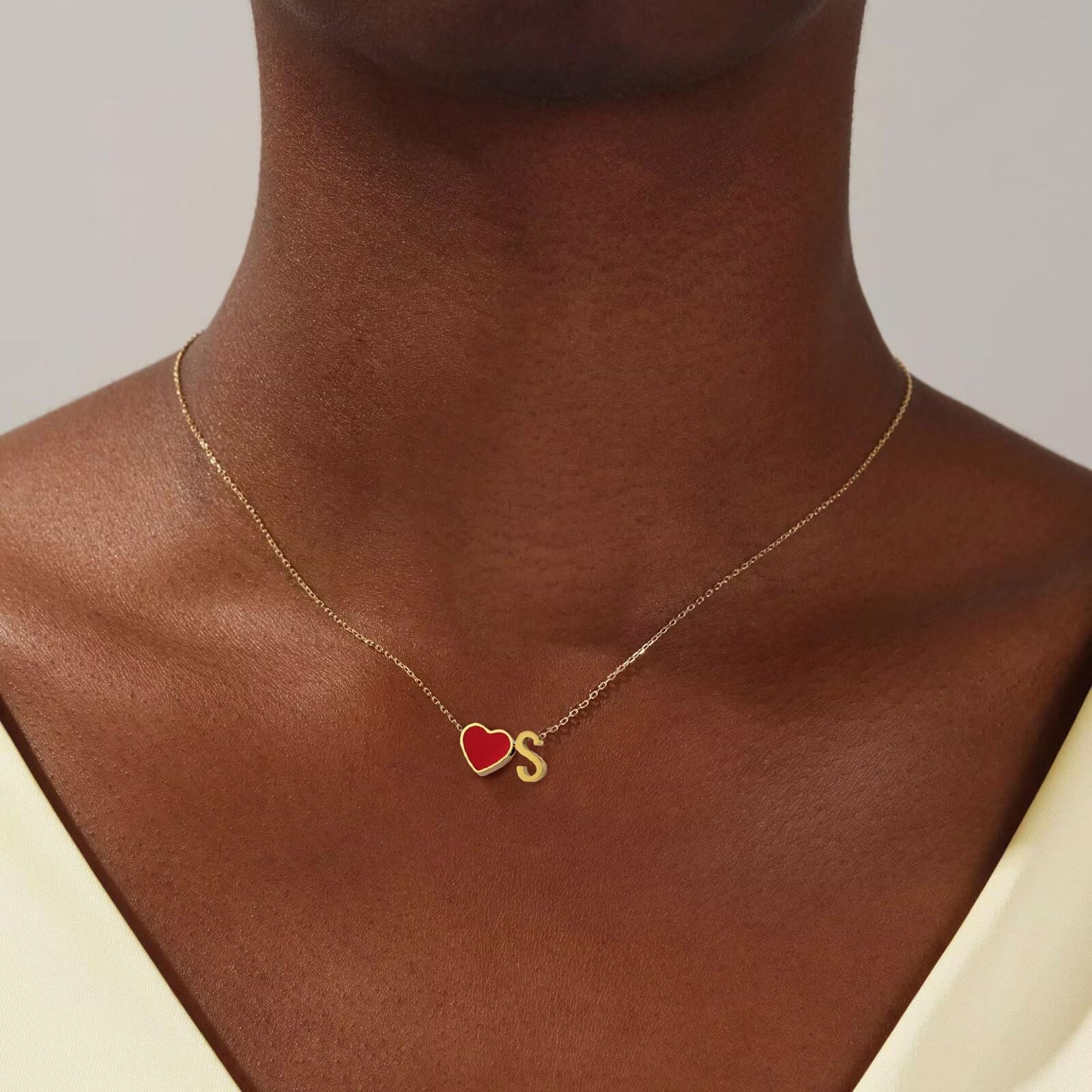 Heart Initial Necklace for Women, Letter Pendant A to Z, Red Heart Charm Gold Plated Jewelry, Personalized Gift Necklace