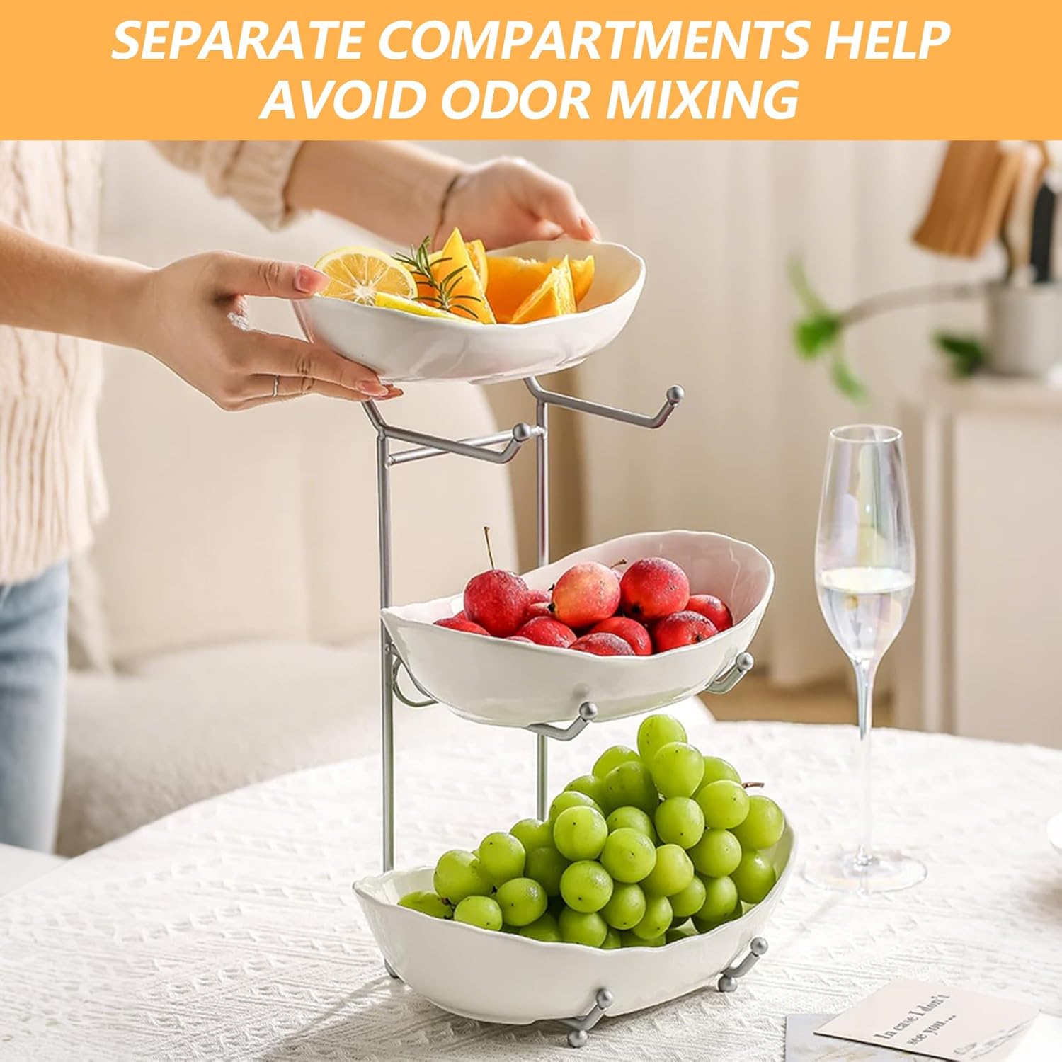 3 Tier Fruit Bowls,Fruit Bowl for Kitchen Counter with Metal Stand,Tiered Fruits Stand for Countertop for Fruits Vegetable Snack Nuts Cake Dessert Storage