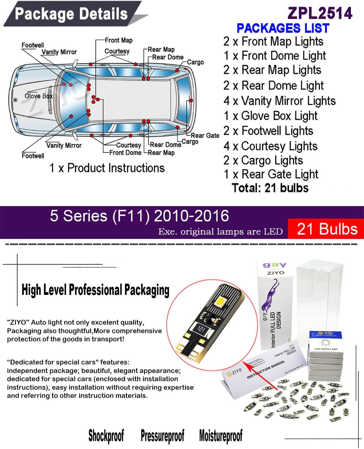 ZIYO ZPL2514 LED Interior Light Kit for BMW F11 5 Series Touring Wagon 2011-2016, 6000K White Dome Lights Accessories Replacement Package, LED Light Bulbs Upgrade (24 Bulbs)