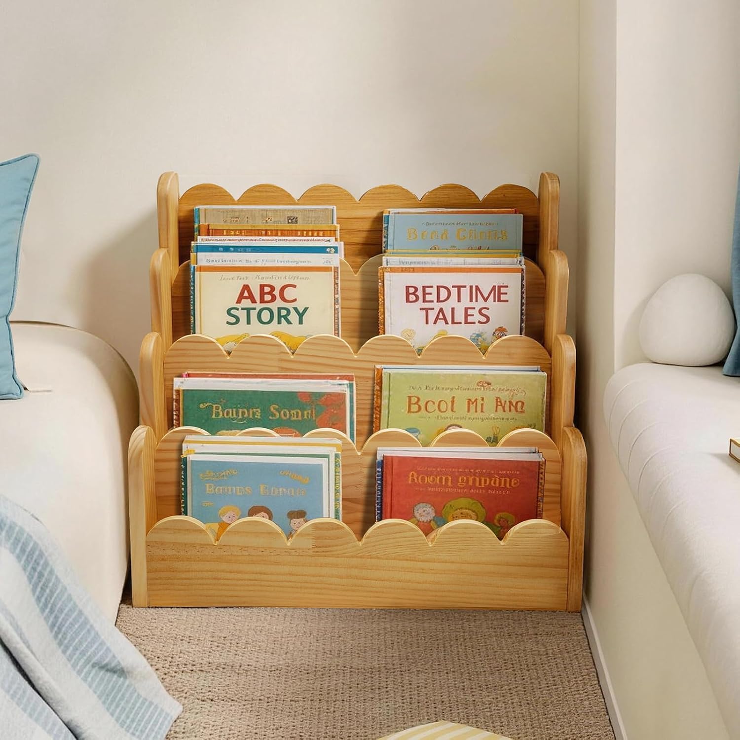 4-Tier Small Bookshelf for Toddlers Kids, 16.5 x 16 x 10 Inch Scalloped Wooden Book Shelf for Toddlers, Book Organizer for Nursery Room Bedroom Classroom Playroom Deco