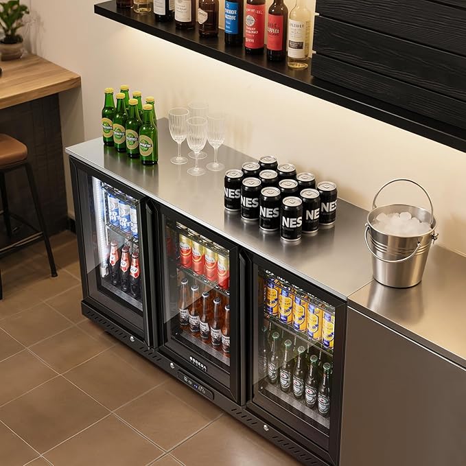 BODEGACOOLER Commercial Bar Cooler With 3 Glass Doors,12 Cu.Ft Counter Height Back Beverage Refrigerator,Display Bar Fridge with LED Lighting,Beverage Cooler for Beer Stainless Steel Top,With Casters on Fridge.com